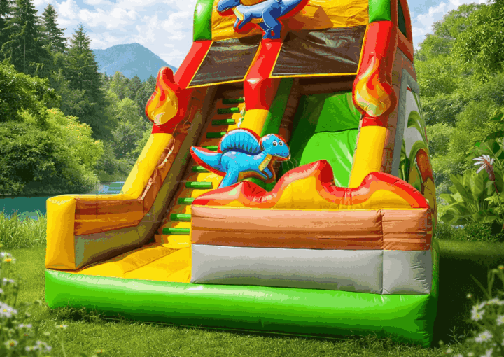 Veľká nafukovacia šmykľavka s motívom horiacich dinosaurov na detské podujatie v Košiciach.
